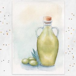 Green olive oil painting Glass bottle painting Kitchen wall decor Original watercolor painting 5x7
