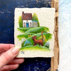 Kitty painting Mini Original art Cute artwork on handmade recycled paper by Rubinova