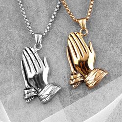 praying hands necklace - gold mens prayer pendant - stainless steel religious prayer necklace - gold praying hands charm