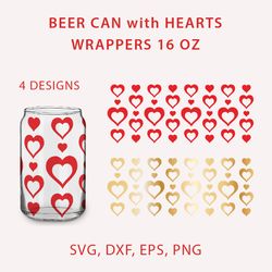 Beer Can Glass with red hearts, 4 Valentine's Day designs full wrappers 16oz, SVG, EPS, DXF, PNG
