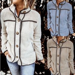 Fashion stand collar stitching button coat