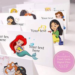 Digital Food labels baby Princess, digital food cards Pdf, princess birthday place cards, girl cute animals birthday