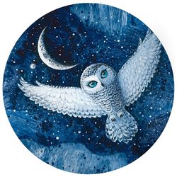 White owl with moon print, Snowy owl painting, Owl art print