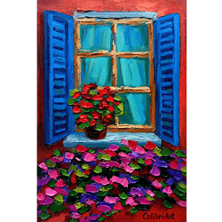 Window Painting Italy Original Art Flower Painting Geranium Floral Art Italian Colorful Small Art 12"x 8" By Colibri Art