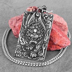 chinese dragon amulet necklace. stainless steel dragon amulet pendant necklace. silver dragon necklace. amulet gift