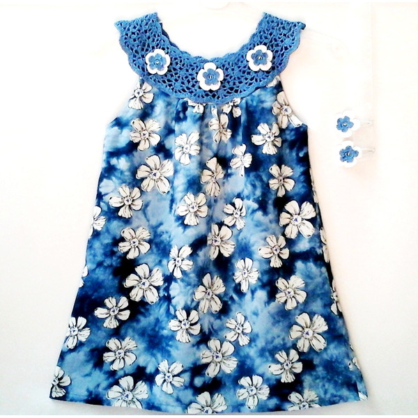 Summer Cotton Dress, Spring Dress Outfit, Handmade Sleeveless Dress, Crochet Cotton Blue Top with Flowes. Floral Print Dress. Country Kids Dresses.jpg