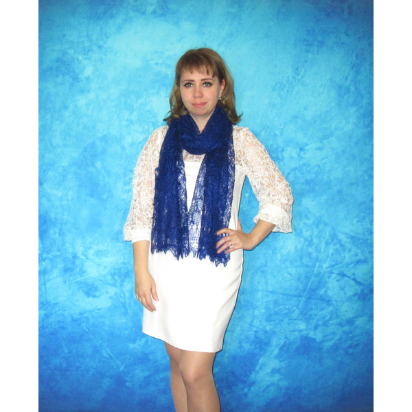 Dark navy blue embroidered scarf, Russian Orenburg shawl, Hand knit wool wrap, Warm bridal cape, Goat down cover up, Handmade stole, Kerchief.JPG