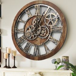 Wall clock 24 inches with real moving gears Vintage Brown