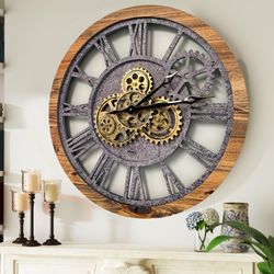 Wall clock 24 inches with real moving gears Vintage Wood and Stone