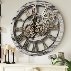 Wall clock 24 inches with real moving gears Vintage Grey and White