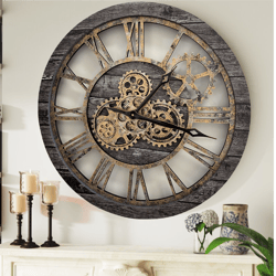 Wall clock 24 inches with real moving gears Carbon Grey