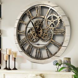 Wall clock 24 inches with real moving gears White Farmhouse