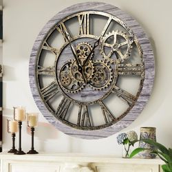 Wall clock 24 inches with real moving gears Silver Grey