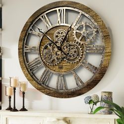 Wall clock 24 inches with real moving gears Gold Antique