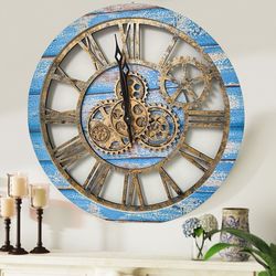 wall clock 24 inches with real moving gears ocean blue