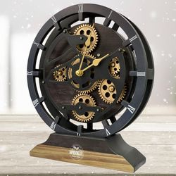 Desk Clock 10 Inches with Real Moving Gear convertible into Wall clock (Hybrid) Vintage Black