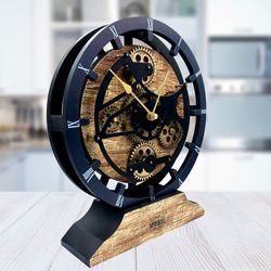 Desk Clock 10 Inches with Real Moving Gear convertible into Wall clock (Hybrid) Vintage Brown