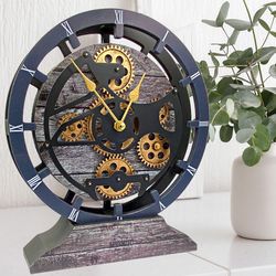 Desk Clock 10 Inches with Real Moving Gear convertible into Wall clock (Hybrid) Carbon Grey