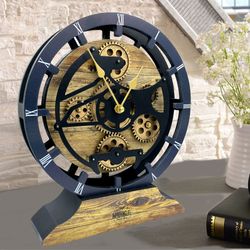 Desk Clock 10 Inches with Real Moving Gear convertible into Wall clock (Hybrid) Gold Antique