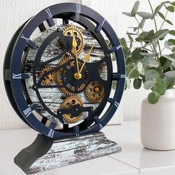 Desk Clock 10 Inches with Real Moving Gear convertible into Wall clock (Hybrid) Grey and White