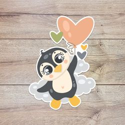 heart balloon penguin sticker, waterproof vinyl decal, great gift for animal lovers