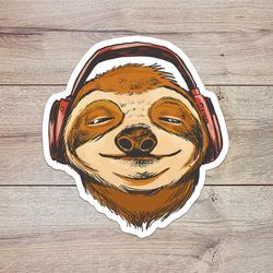 headphones sloth sticker, waterproof vinyl decal, great gift for animal lovers