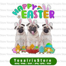 three pug wearing bunny ear png, pug lover happy easter png, pug dog ears easter bunny holiday png, rabbit lover funny