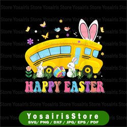 cute bunnies happy easter school bus driver png, easter bus driver png, bus bunny sublimation, bus driver sublimation
