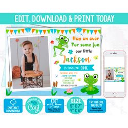 editable frog birthday invitation photo corjl template toddler frog invitation leaping party invite boy 1st birthday