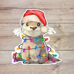 christmas lights otter sticker, waterproof vinyl decal, great gift for animal lovers