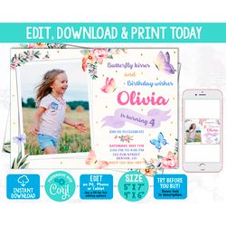 Editable butterfly birthday invitation photo Corjl template Girl butterfly invitation Summer party invite Insect bugs