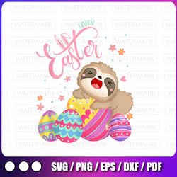 happy easter sloth with egg hunting png, cute animal png, cute easter sloths clipart