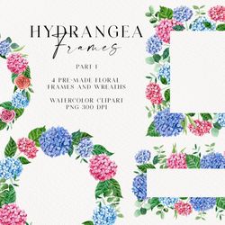 Hydrangea Watercolor Frames. Hydrangea Floral Wreaths. Digital clipart. Transparent Png. Digital download. Wedding Art.