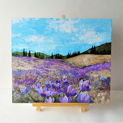 Crocuses Painting Landscape Painting Wall Decor Impasto Painting Textured Painting Art on Canvas Purple Flowers Painting