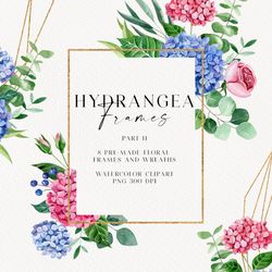 Hydrangea Watercolor Frames. Golden frames. Geometric frames. Wedding Clipart. Transparent Png. Digital download.