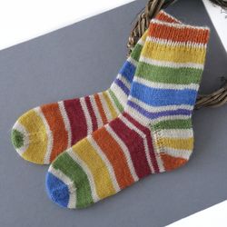 Boy's and girl's winter wool socks. Rainbow handknit socks. Striped socks.
