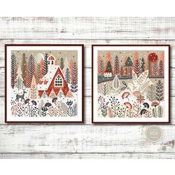 Cross Stitch Pattern Set,  Winter, Deer Bird, Scandinavian, Winter Village Cross stitch, Winter House Cross Stitch 288