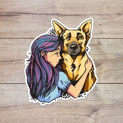 girl hugging german shepherd sticker, waterproof vinyl decal, great gift for animal lovers