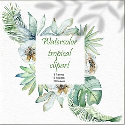 Watercolor Tropical Clipart, frames, leaves png.