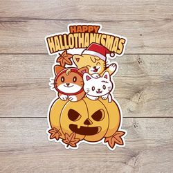 hallothanksmas cat sticker, waterproof vinyl decal, great gift for animal lovers