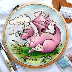 Funny little dragon cross stitch, Pink dragon cross stitch, Animals cross stitch, Small cross stitch, Digital PDF