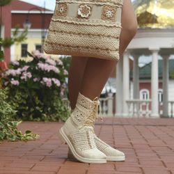 Crochet summer boots Knit boots Womens lace up boots Summer ankle boots Cotton yarn