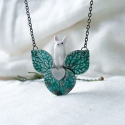 Whimsical Ceramic Rabbit Pendant Neckalce with Cute Bunny and Leaves Detail - A Perfect Gift for Bunny Lovers