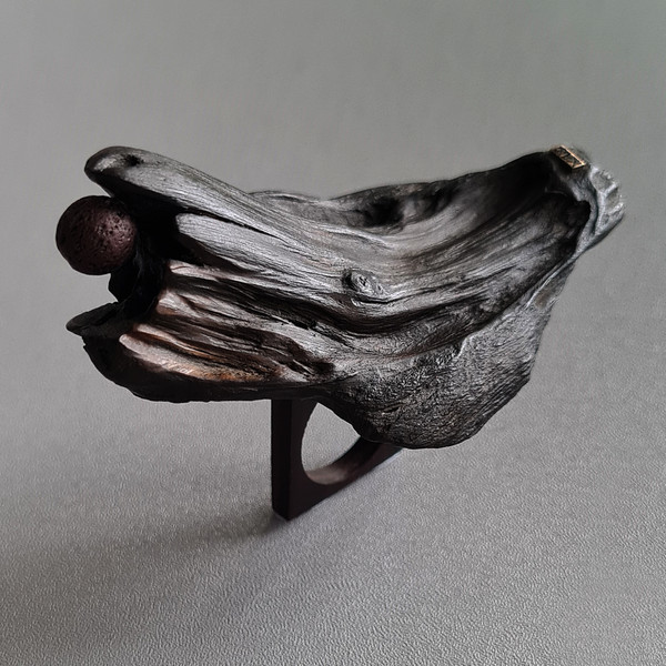 Black ring, wood ring, natural wood shape ring, driftwood ring, lava bead ring, live edge wood ring 3