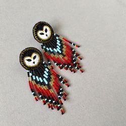 Owl earrings, native american earrings, beaded earrings stud, long bird earrings, owl jewelry for women