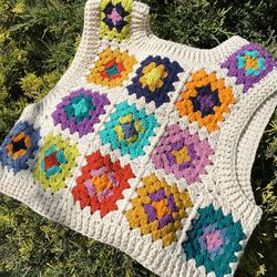 Crochet Granny Square Vest, Crochet Patchwork Vest, Handmade women Tank Top