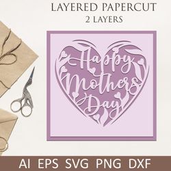 Layered papercut mothers day card with flowers heart svg, Love you mom layered card