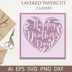 layered papercut mothers day card with flowers heart svg, love you mom layered card