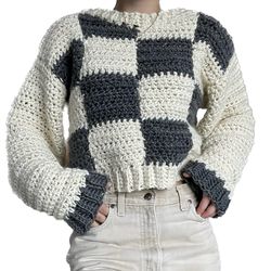 Grey and White Checkered Crochet Sweater, Checkered Crochet Sweater, Crochet Patchwork Sweater