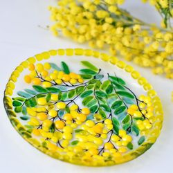 Dessert plates with mimosa - Fused glass candy dish with mimosa - Fused glass art